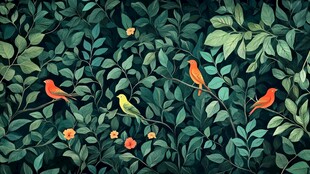 绿叶丛中鸟儿栖息图
