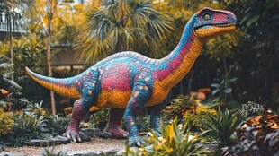 多彩恐龙模型置身绿植间