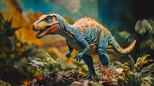 彩色恐龙模型置身繁茂丛林