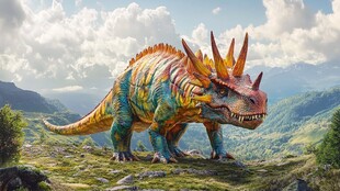 五彩斑斓的三角龙屹立山间