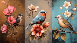 花鸟绘景 多彩鸟儿栖繁花