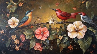 花鸟油画 多彩鸟儿栖繁花间