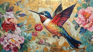 金箔背景蜂鸟与花卉图