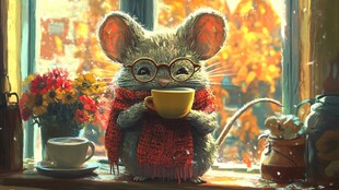 戴眼镜小鼠惬意喝咖啡