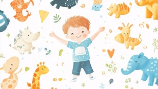 小男孩与可爱动物欢乐场景