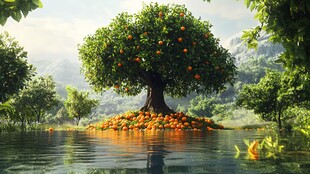 水中橙树硕果累累的美景
