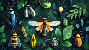 多彩昆虫汇聚繁茂绿叶间