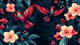 双蜂鸟于繁花绿叶间飞舞