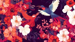 花鸟共舞的绚丽花卉图景