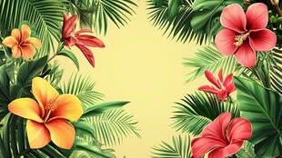 热带花卉与绿叶边框背景