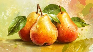 水彩画中的三颗带叶鲜梨