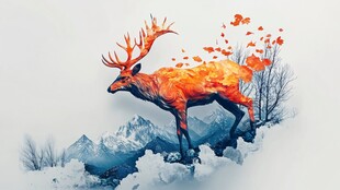 梦幻橙鹿跃于山水云雾间