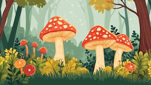 森林中的可爱蘑菇插画