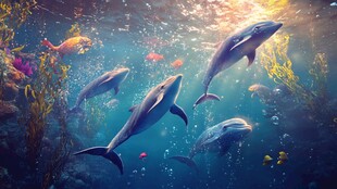 梦幻海底的海豚与缤纷鱼类