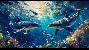 梦幻海底的海豚共游景象