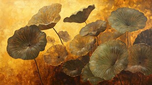 金色背景下的蓬勃荷叶