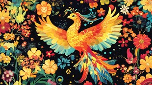 凤凰于繁花中展翅飞舞