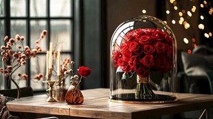 玻璃罩中的浪漫红玫瑰花束
