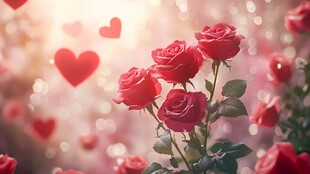浪漫红玫瑰与爱心梦幻场景