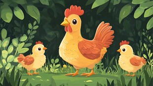 母鸡带小鸡漫步绿意中