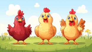 三只可爱小鸡站在草地上