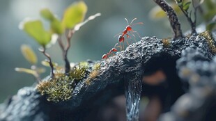 红蚁在湿润苔藓岩石上活动