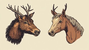 鹿与马的头部插画特写