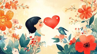 女孩亲吻爱心与小鸟插画