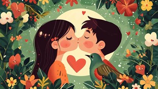 情侣甜蜜亲吻 花卉伴身旁