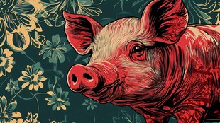 复古风红猪与花卉图案