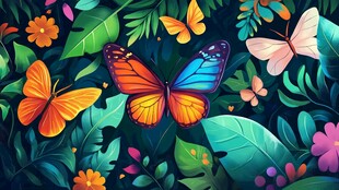 梦幻蝴蝶穿梭繁茂花草间