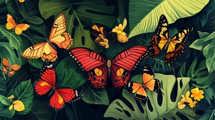 热带蝴蝶与繁茂绿植景观