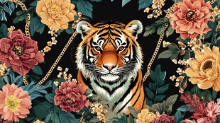 老虎与繁花的梦幻插画
