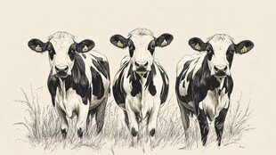 三头奶牛的黑白素描画