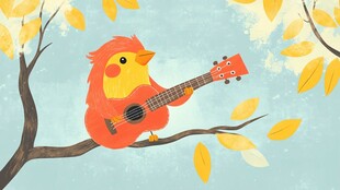小鸟枝头弹吉他的秋日图景