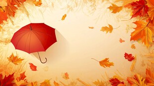 秋日红伞伴落叶美景