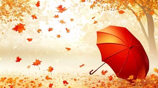 秋日红伞与飘零的枫叶