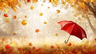 秋日红伞下的落叶美景