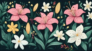 梦幻花卉插画 多彩百合绽放