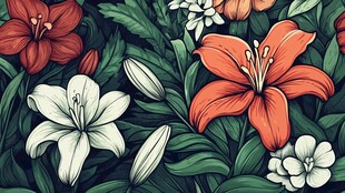 手绘多彩百合花植物图案