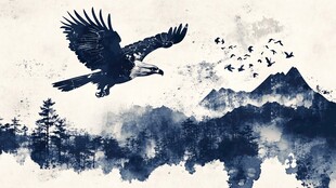 水墨雄鹰翱翔山水间