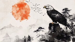 水墨雄鹰立岩望红日