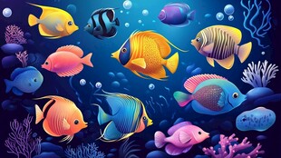 多彩海底鱼群与珊瑚景观