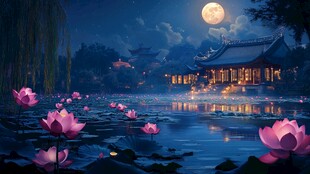 月夜荷塘畔的古典建筑美景