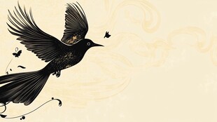 飞翔的黑羽鸟与蝴蝶点缀