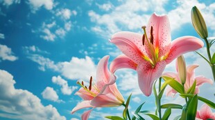 蓝天映衬下的娇艳百合花