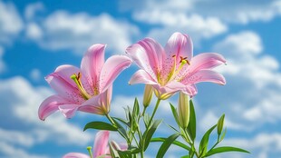 蓝天粉百合绽放美景