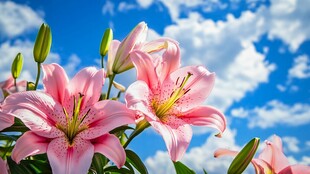 蓝天粉百合绽放的美丽