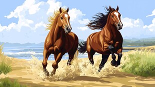 海滩双马奔腾图