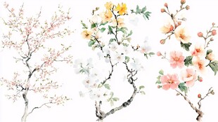 水墨风花卉树枝插画
